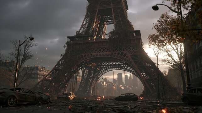 Paris France Europe lifestyle. A dramatic, atmospheric portrayal of the Eiffel Tower in Paris, France. The iconic structure is the focal point of the image.