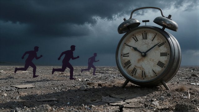 Silhouettes race across barren land toward a giant, ominous alarm clock under stormy skies.