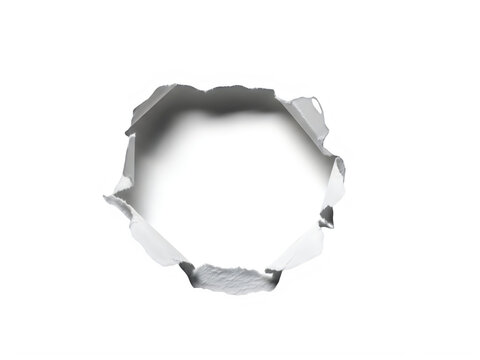 Round hole torn in white paper sheet isolated on transparent background