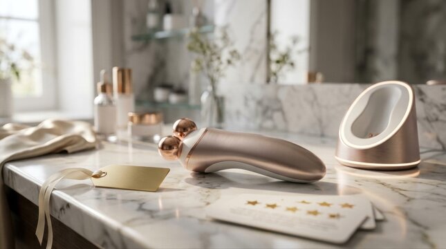 A sleek handheld microcurrent facial toning device rests on a marble vanity beside a gold discount tag, rose-gold electrode heads, and a soft LED charging cradle, with blurred rating cards featuring