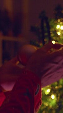 Vertical video. Circular Camera Movement Around a Woman Decorating a Christmas Tree With Glowing Ornaments and Warm Fairy Lights, Cozy Holiday Tradition and Festive Home