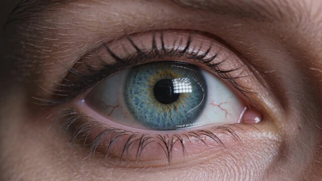 Close up macro tracking shot of an open greenish blue eye looking directly forward with a peaceful neutral facial expression for optical science research and contact lens tests.