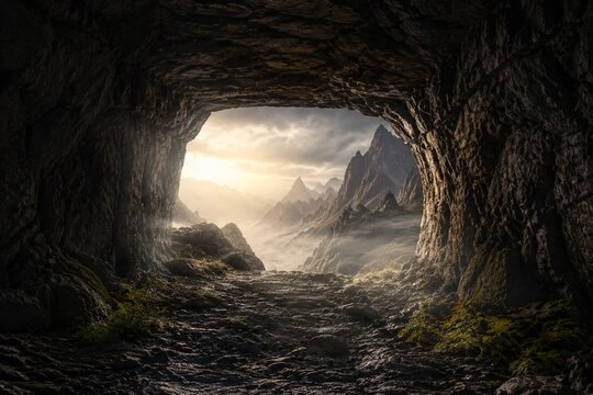 Cave entrance with a regular shape, wind blowing through, dramatic landscape lighting.