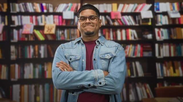 Man wearing glasses with arms crossed and denim jacket in a building library aisle; confidence knowledge.