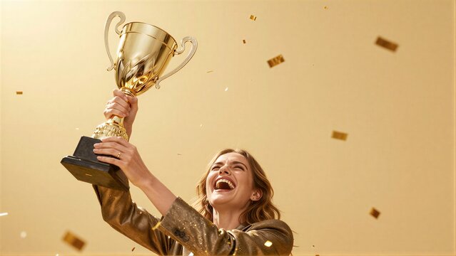 Woman joyfully holds golden trophy, celebrating victory amidst falling confetti.