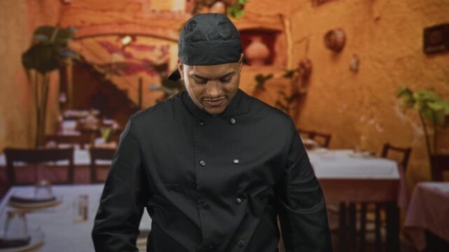 Hispanic man chef in black double breasted uniform and cap, beard visible, standing with arms crossed and downcast glance in a dining building; pride determination.
