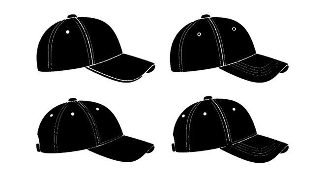 Minimal black silhouette icon, simple flat vector, bold black shape, no gradients, no shading set of black baseball caps on a, flat icon style