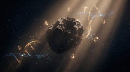 Fototapeta premium A rugged asteroid drifting through a dark starfield, surrounded by glowing adenine, thymine, cytosine, guanine and uracil symbols, with translucent molecular ribbons and faint dust particles.