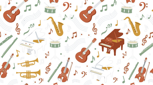 Seamless Musical Instrument Pattern Featuring Grand Piano, Guitar, Violin, Trumpet, Saxophone, Drum Set, and Musical Notes for Creative Background Designs