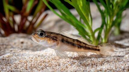 Obraz premium Underwater Close-Up of Small Fish Swimming Among Sand and Plants