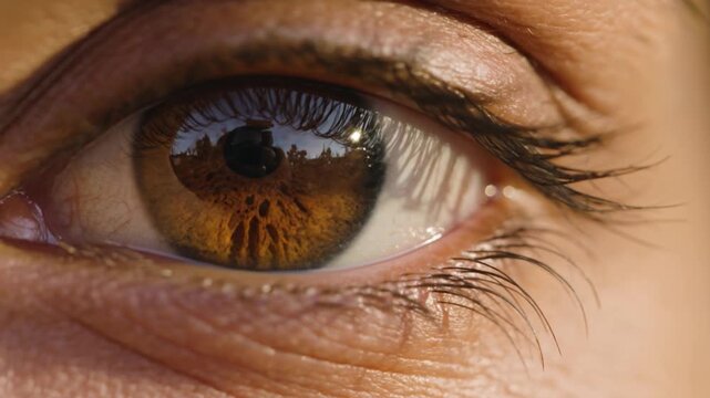 Extreme macro view of an open dark brown iris and pupil with sharp window pane light reflections on the wet cornea surface representing advanced biometric security scan iris recognition.