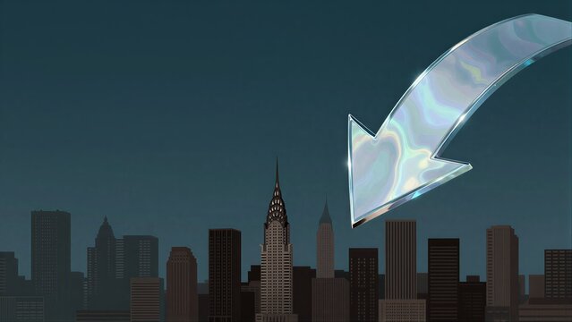 A glowing arrow descends over a dark city skyline at night.
