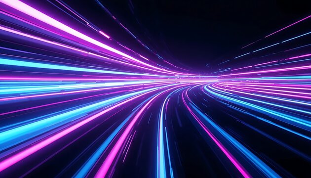 Futuristic high speed motion blur background with glowing neon pink and blue light streaks inside a digital tunnel, representing speedy fiber optic internet connection in virtual cyberspace.