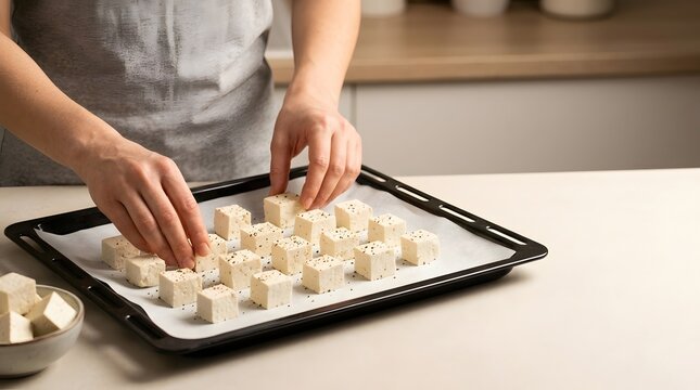 Hands Arranging Diced Raw White Tofu Cubes on Baking Sheet Sheet Pan for Cooking Healthy Vegan Meal