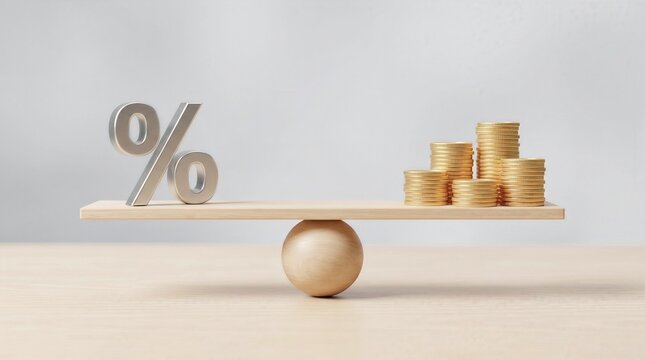Interest Rate and Financial Balance Concept with Percentage Sign and Stacks of Gold Coins on Wooden Seesaw Scale