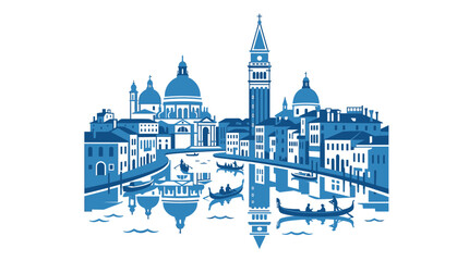 Venice Canal Skyline with Gondolas and Famous Landmarks, Blue Illustration © gedang