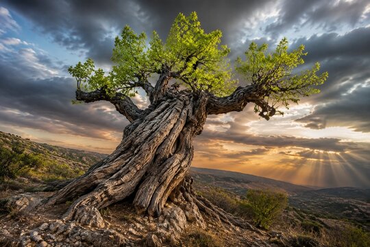 Old gnarled tree with new green leaves, symbolic of resilience.