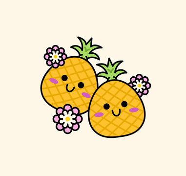 Pineapple characters with smiling faces and flowers for icon tropical, summer, fruit, kids, sticker, or sign for restaurant or bar vector designs