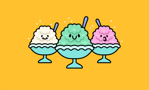 Hand drawn shaved ice desserts with smiling faces in colorful bowls for summer, dessert, food, kids, cafe, sticker, and kawaii vector illustrations