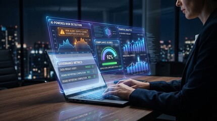 Fototapeta premium Businesswoman Analyzing AI-Powered Risk Detection and Financial Data on Laptop at Night analytics compliance scores governance metrics office city skyline alert supply chain disruption privacy