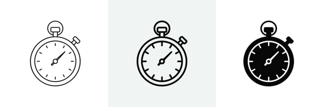 Stopwatch icon set three variations outline solid filled time measurement tool.