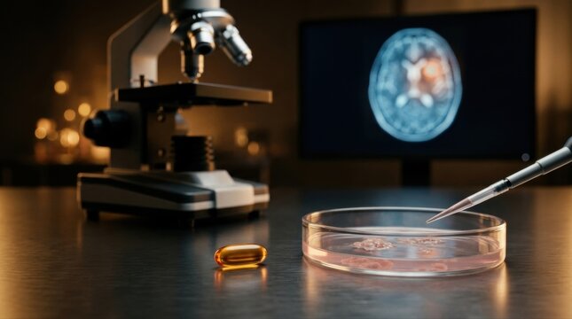 A focused oncology lab scene shows a nicotinamide capsule beside cultured brain tumor cells in a petri dish, a microscope, and a glowing brain scan on a monitor, illustrating nutrient-based research