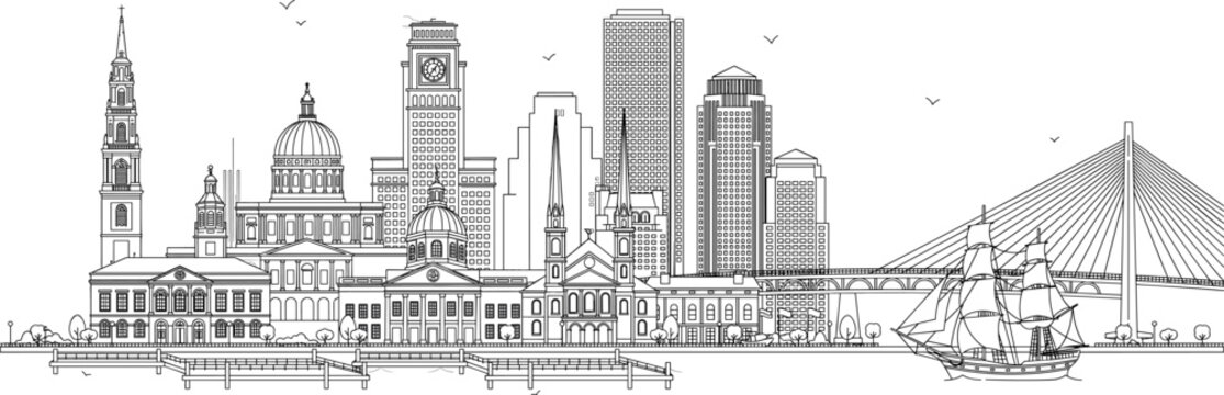Boston City Skyline Line Art Vector with Historic Buildings, Church, Dome, Skyscrapers, Sailing Ship, Cable Bridge, and Harbor for Travel and Architecture Designs
