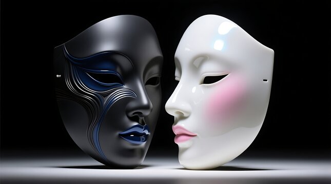 Conceptual Duality of Ornate Black and White Human Face Masks Representing Contrast and Balance
