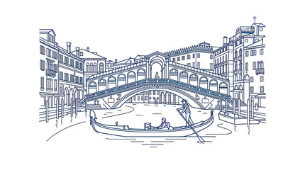 Venice Rialto Bridge Gondola Sketch - Italian Landmark Line Art © gedang