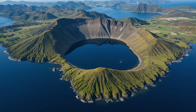 Large volcanic caldera with deep blue lake surrounded by steep slopes and green vegetation on island
