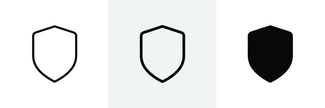 Shield icon set featuring three variations of line and glyph style, security and protection symbol.