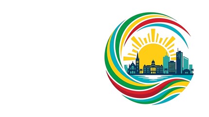 Obraz premium Colorful City Skyline with Rainbow Vector Illustration Featuring Urban Buildings Bright Sky Clouds and Weather Spectrum for Summer Banner Design and Happy Nature Concept