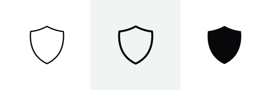 Shield icon set featuring three variations of line and glyph style, security and protection symbol.