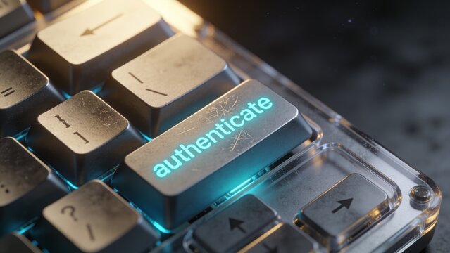 close-up of a custom-made premium keyboard with a key labeled "authenticate"