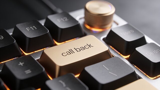close-up of a custom-made premium keyboard with a key labeled "call back"