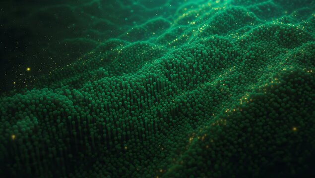 Abstract macro view of a textured green organic surface resembling a dense forest canopy or biological cell layer, featuring soft dramatic lighting and tiny golden particles floating in dark space.