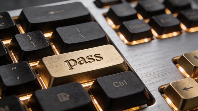 close-up of a custom-made premium keyboard with a key labeled "pass"