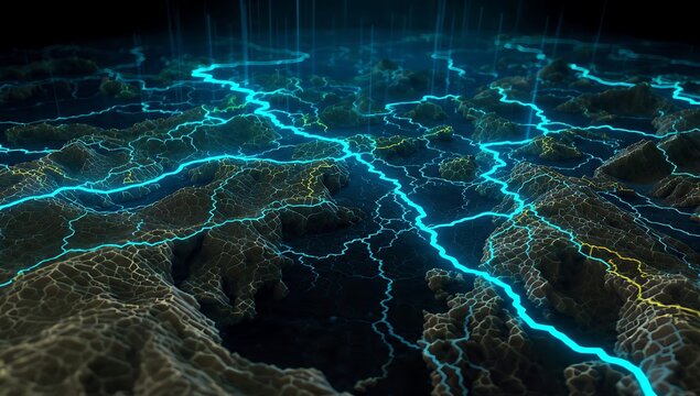 Futuristic 3D rendering of a digital network landscape or circuit map over mountainous terrain, featuring glowing blue data streams, grid lines, and complex data connectivity systems.