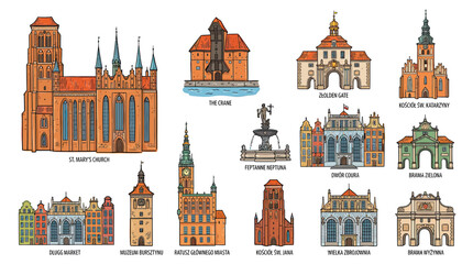 Gdańsk Landmarks Collection: Historic Buildings Illustration - Poland Architecture © gedang