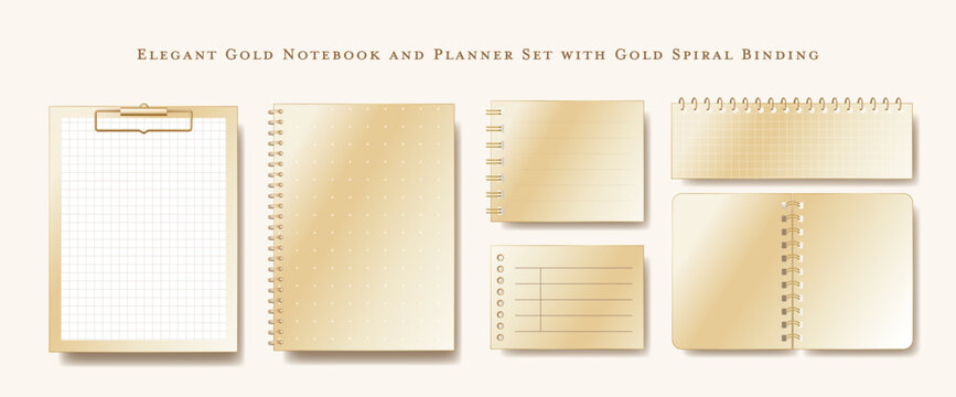 Elegant Gold Notebook and Planner Set with Gold Spiral Binding and Clipboard