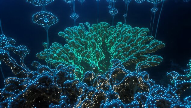A breathtaking deep sea coral reef glows with vibrant bioluminescence, featuring neon green and electric blue glowing marine organisms illuminating the dark, mysterious underwater abyss.