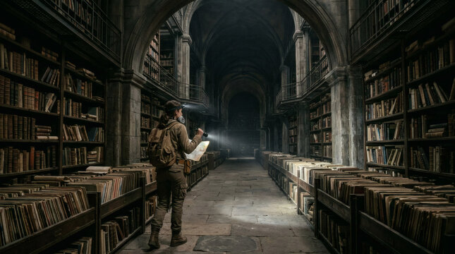 Explorer Navigates Vast Ancient Library with Map and Light