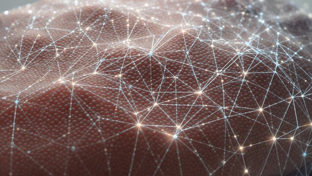 A complex digital network of glowing white lines and nodes forms a futuristic mesh overlay above a textured brown landscape, illustrating global connectivity, data, and nanotechnology.