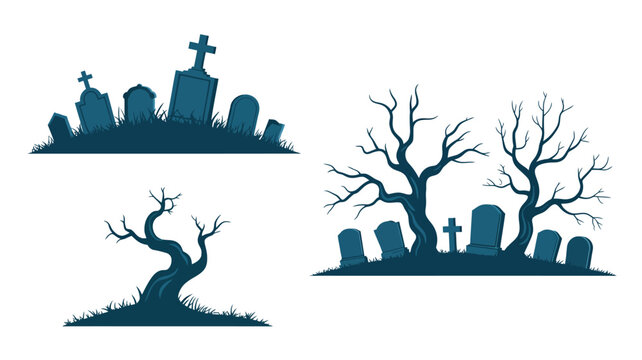 Various silhouettes of spooky cemeteries with gravestones and leafless trees on white background