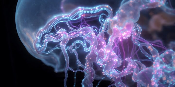 A magnificent, translucent bioluminescent jellyfish glows with vibrant pink and blue light, its intricate, sparkling tentacles float gracefully through the deep, dark underwater ocean abyss.