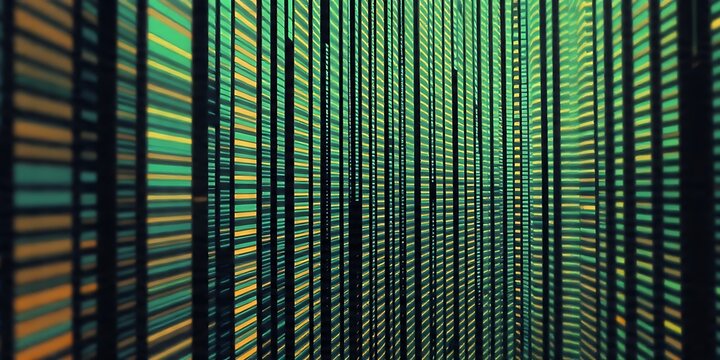 An abstract digital background filled with infinite vertical lines of glowing green and yellow data strips, resembling a matrix code grid, server racks, or a futuristic tech visualization.