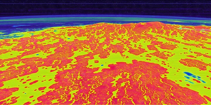 A thermal satellite image depicting extreme heat levels on the Earth's surface, showcasing global warming effects and climate change crisis via a red and yellow infrared geographic heat map.