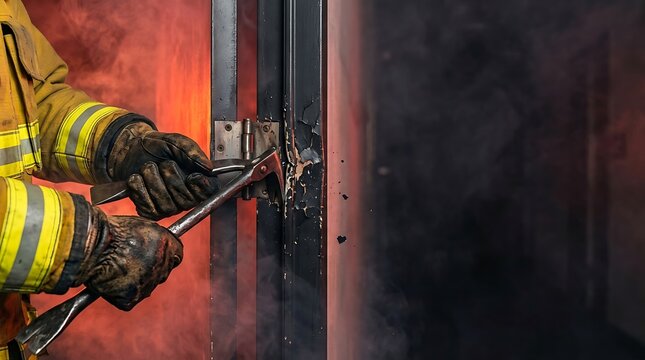 Firefighter uses Halligan tool to force open a door amidst smoke and orange glow