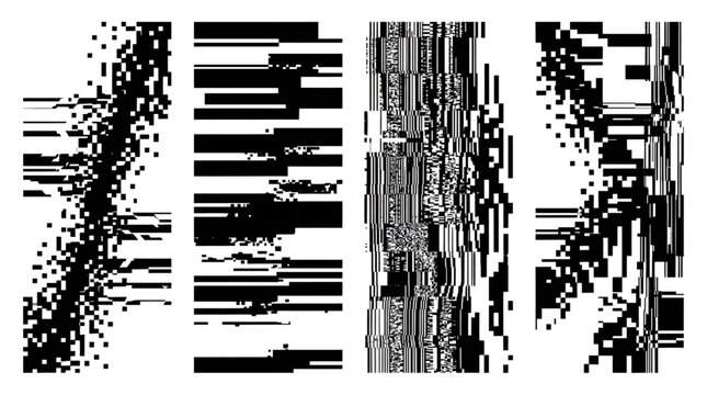 Set of four abstract black and white glitch art elements with digital noise and pixelated texture patterns