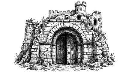 Ancient Stone Castle Gatehouse Entrance, Ruins, Medieval Fortress Entrance, Black and White Sketch © hakim